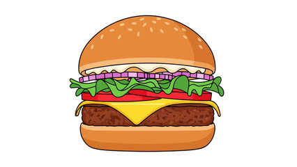 A cartoon illustration of a classic cheeseburger on a white background