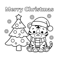 Tiger cub beside Christmas tree, coloring book page for toddlers Generative AI