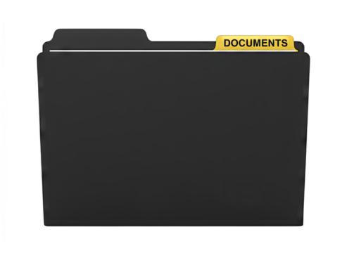 Dark Gray File Folder Labeled Documents With White Outline And Yellow Tab Isolated On Transparent Background
