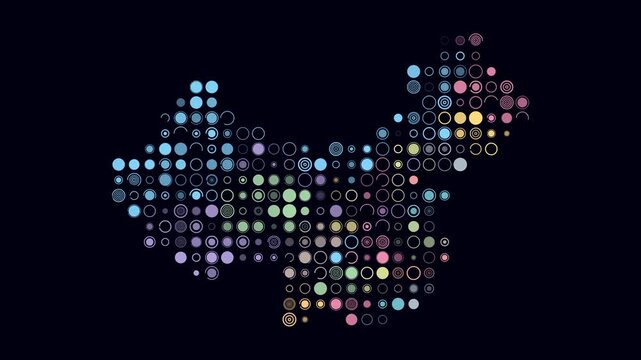 China map animation. Shape of the country with pulsating colored dots. Large size circle blocks. Digital style China map on dark background. Modern video.