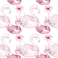 Summer vibes with seamless pattern of flamingo floats and tropical flowers for background and wallpaper design, perfect for vacation themes and festive occasions