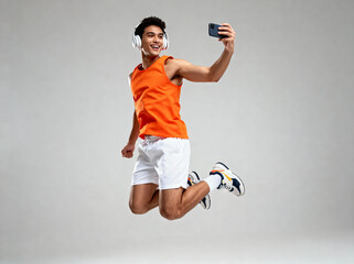 Young man wearing headphones jumping and taking a selfie