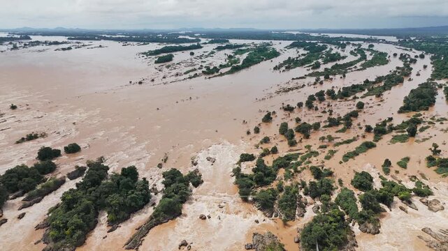 Aerial view of khone phapheng waterfalls flooding in Don det, Laos