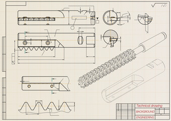Mechanical engineering drawings on light background. Cutting tools, milling cutter. Technical Design. Cover. Blueprint. Horizontal seamless pattern. Vector illustration.