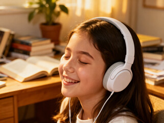 Young girl wearing headphones enjoying music in a cozy room