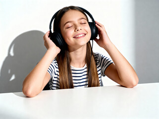 Young girl enjoying music with headphones on white background