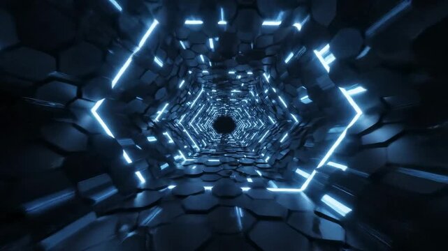 Patrón digital futurista con hexágonos oscuros y líneas azules brillantes que crean un efecto de túnel con profundidad. Ideal para tecnología, ciberespacio, diseño digital y fondos animados
