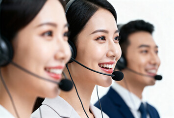 Smiling customer service representatives wearing headsets in a row