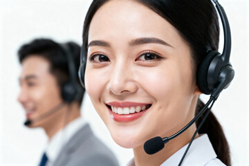 Professional customer service representatives wearing headsets and smiling