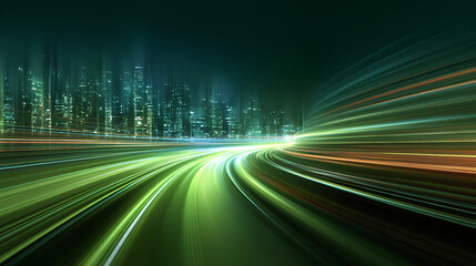 vector green light line with futuristic motion effect and abstract automobile blur, glowing trail and beam streak in city design, dynamic disco background for speed illustration and night. 