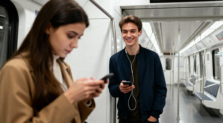 Young people using mobile phones in subway