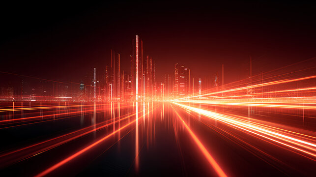 vector red light line with futuristic motion effect and abstract automobile blur, glowing trail and beam streak in city design, dynamic disco background for speed illustration and night road. 