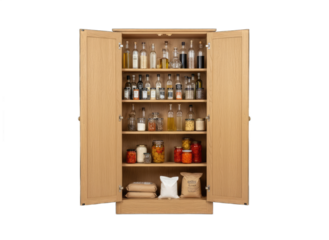 Full Wooden Cabinet Filled With Jars And Bottles On Black Background And Transparent Background Detailed In Studio Lighting