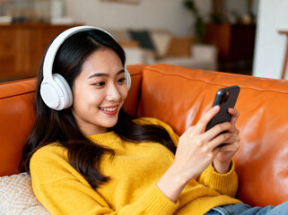 Woman wearing headphones using smartphone on sofa