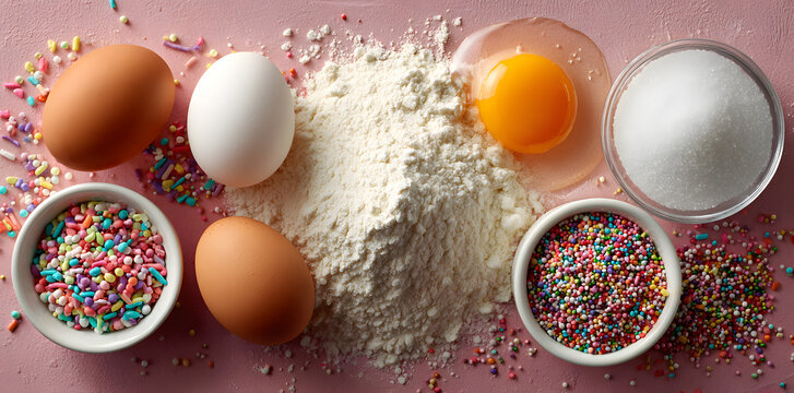 Ingredients for baking christmas cookies. Eggs, flour, sugar and sweet sprinkles on a pink background with copy space