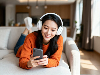 Young woman wearing headphones lying on sofa using smartphone