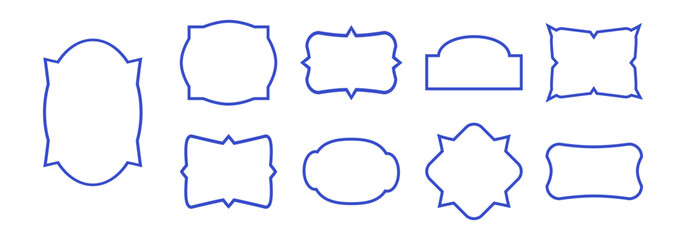 Scallop line frame, wavy vintage rectangle, squiggle edge shape box, curve simple form. Wiggle retro banner, postage stamp outline design, blue card collage isolated on white bg. Vector illustration