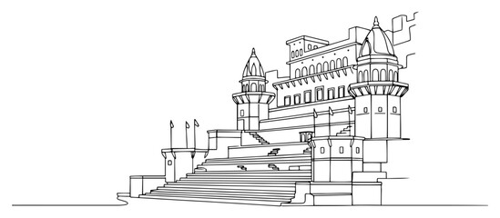 Obraz premium Riverside Indian palace fort with ghats and grand steps minimalist line art vector illustration
