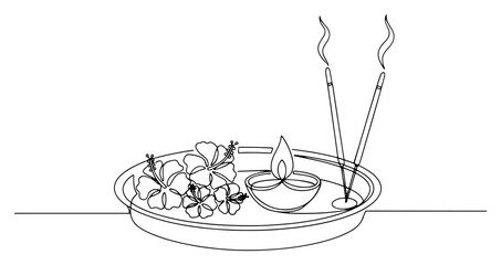 Continuous one line drawing of Puja Thali with diya lamp incense sticks and flowers. Hindu religious offering plate for worship vector.