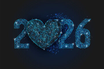 Abstract isolated blue image of new year number 2026. Polygonal low poly wireframe illustration looks like stars in the black night sky in space or flying glass shards. Digital web, internet design.
