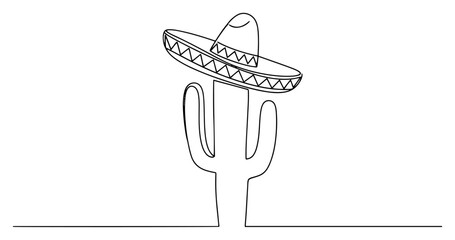 Cactus with Sombrero Hat. Mexican Culture Symbol for Cinco de Mayo. Continuous Line Art
