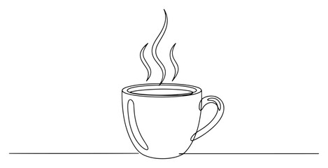 Hot steaming coffee cup on table minimal continuous line art vector illustration