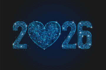 Abstract isolated blue image of new year number 2026. Polygonal low poly wireframe illustration looks like stars in the black night sky in space or flying glass shards. Digital web, internet design.