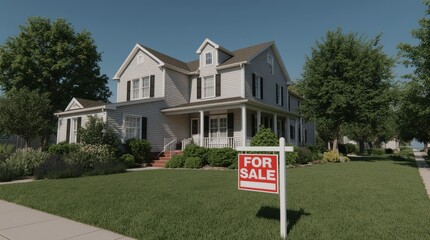 Real estate sign with blank space in front of house for sale in nice suburban neighborhood