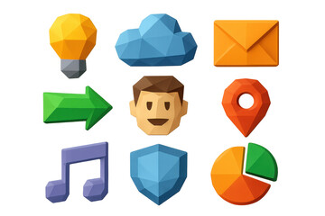 User interface icons set with low poly design, featuring cloud, mail, lightbulb, arrow, profile, location, music, shield, and pie chart elements