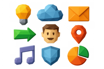 User interface icons set with low poly design, featuring cloud, mail, lightbulb, arrow, profile, location, music, shield, and pie chart elements