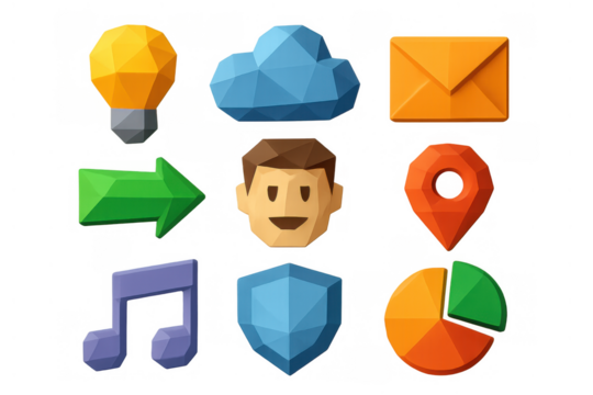 User interface icons set with low poly design, featuring cloud, mail, lightbulb, arrow, profile, location, music, shield, and pie chart elements