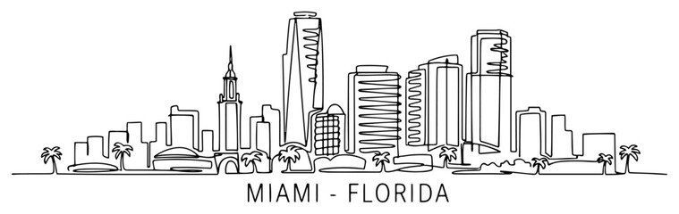 Miami Florida Cityscape with Modern Skyscrapers and Palm Trees. Continuous Line Art