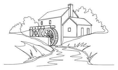 Obraz premium Old watermill on a river continuous one line drawing. Rural countryside landscape with water wheel building vector.