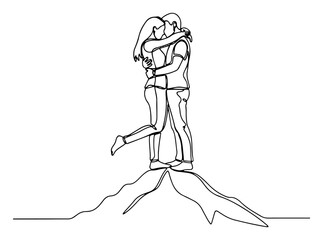 Passionate couple hugging and kissing on a mountain top continuous one line drawing. Romantic love story vector illustration.