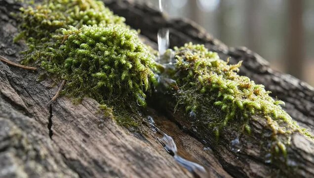 Lush Green Moss Growing on Weathered Tree Bark in a Forest Closeup
