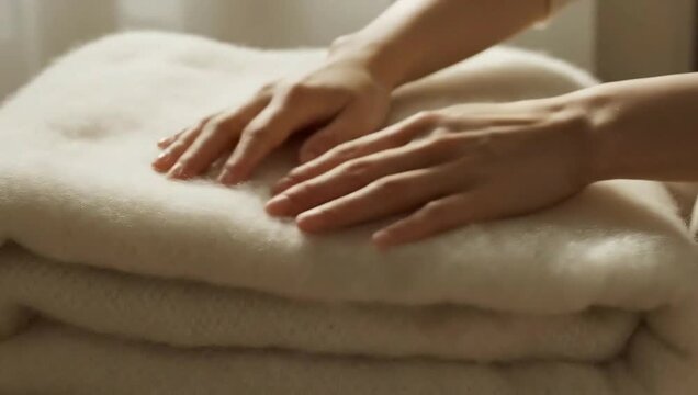 Hands Gently Folding a Soft White Fluffy Blanket in a Cozy Home Closeup
