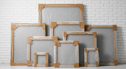 Assorted framed items are prepared for safe transport against a white brick wall.