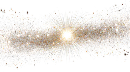 white and gold sparkle explosion with stardust glow, glitter flare and shining dust on transparent background, 1920 festive magic burst with holiday light, star and bright glow effect.