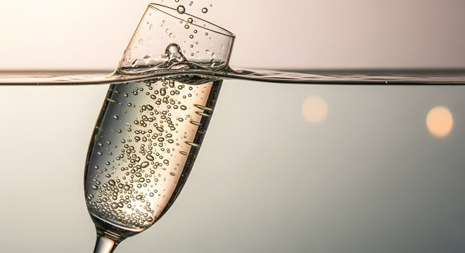 Elegant glass of champagne splashing into water, a modern celebration moment perfect for luxury brands and festive occasions. Sparkling, refreshing, and visually stunning