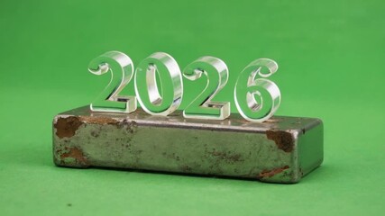 Close up of clear acrylic year 2026 numbers on a metal block against a green screen background video - Powered by Adobe