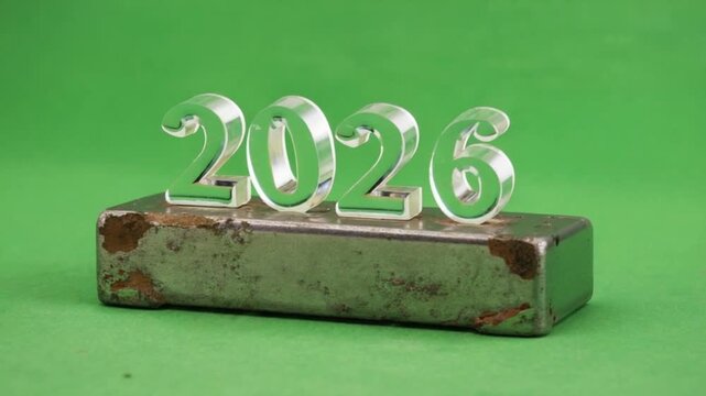Close up of clear acrylic year 2026 numbers on a metal block against a green screen background video
