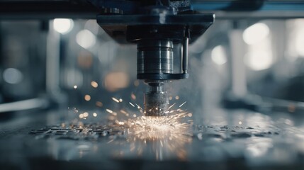 High Precision Laser Cutting Process Creating Sparks in a Workshop Environment With Machinery in Action