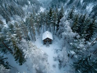 Isolated cabin nestled in winter forest, aerial view