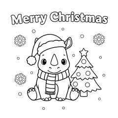 Naklejka premium Rhino beside Christmas tree, coloring book page for toddlers Generative AI