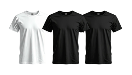 Three short-sleeved shirts, one white, two black, displayed against a stark black background, offering blank canvas