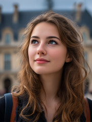 Young woman daydreaming while exploring city sights