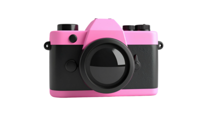 3D render of a pink and black toy camera against a black background, presented in a cartoonish and glossy style