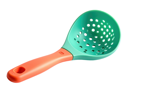 Turquoise spoon-ladle with circular perforations and an orange handle isolated against a dark background