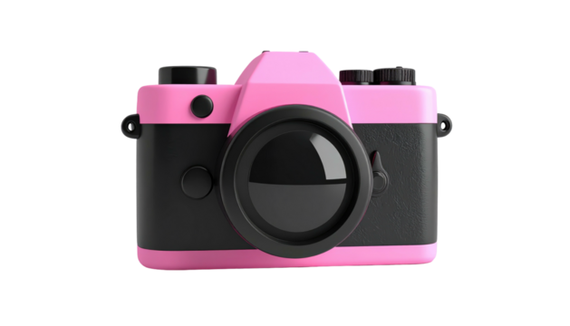 3D render of a pink and black toy camera against a black background, presented in a cartoonish and glossy style