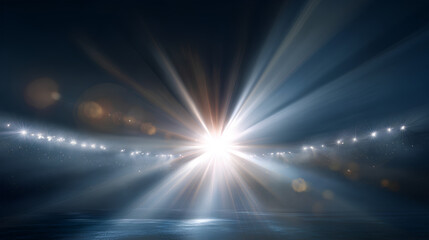 white sun ray and sunlight flare with glare and spotlight beam, futuristic stadium flash and bright background glow, light effect for abstract stage explosion in festive disco style.